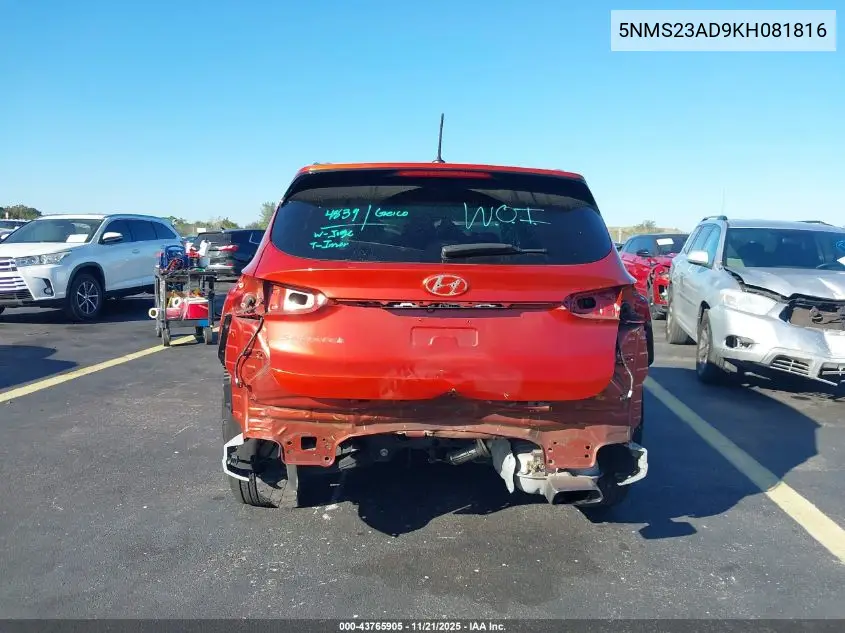 5NMS23AD9KH081816 2019 Hyundai Santa Fe Se