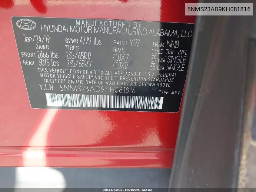 5NMS23AD9KH081816 2019 Hyundai Santa Fe Se