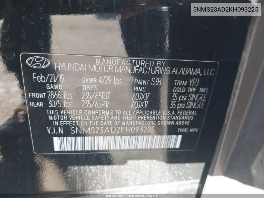 5NMS23AD2KH093225 2019 Hyundai Santa Fe Se