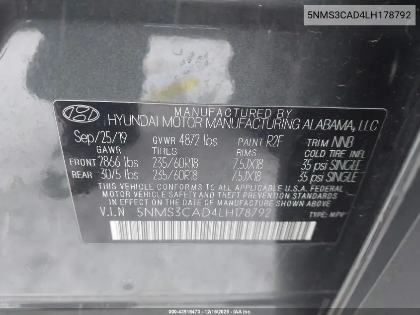 5NMS3CAD4LH178792 2020 Hyundai Santa Fe Sel