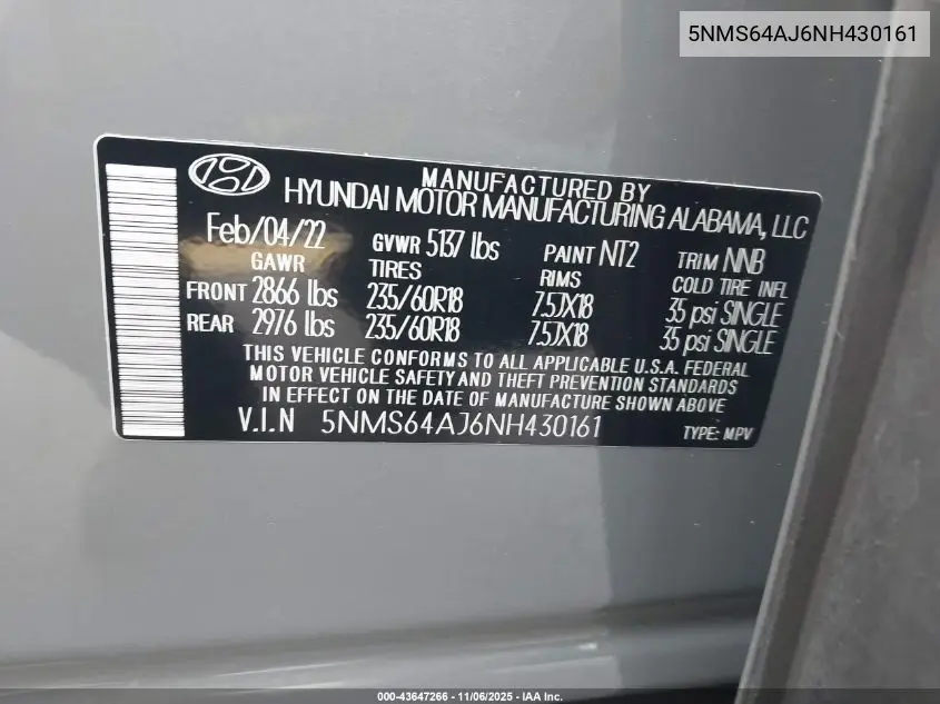 5NMS64AJ6NH430161 2022 Hyundai Santa Fe Sel