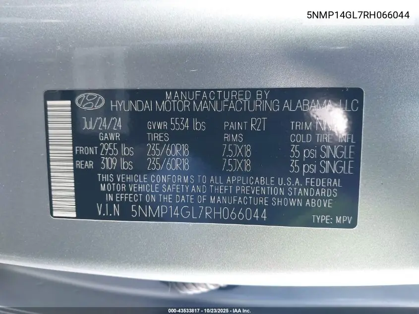 5NMP14GL7RH066044 2024 Hyundai Santa Fe Se