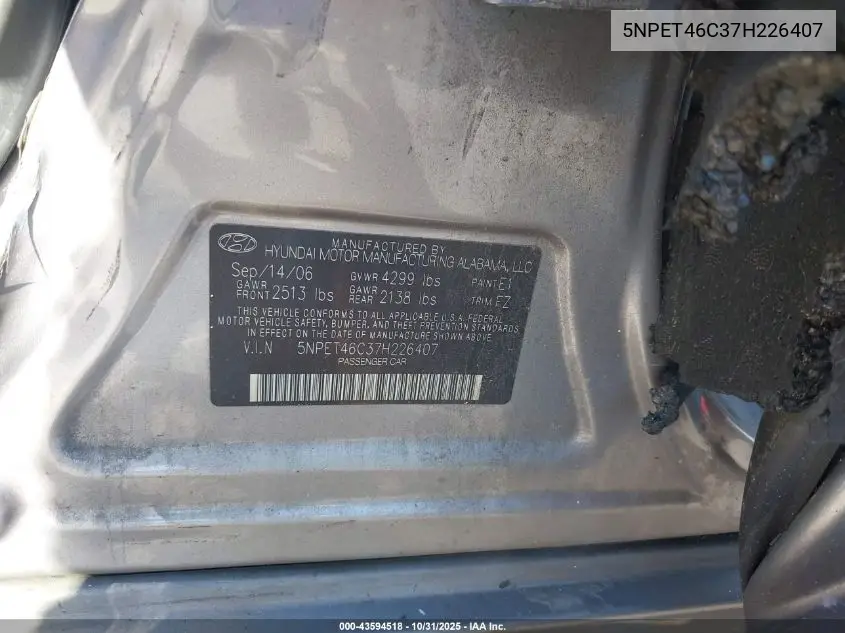 5NPET46C37H226407 2007 Hyundai Sonata Gls