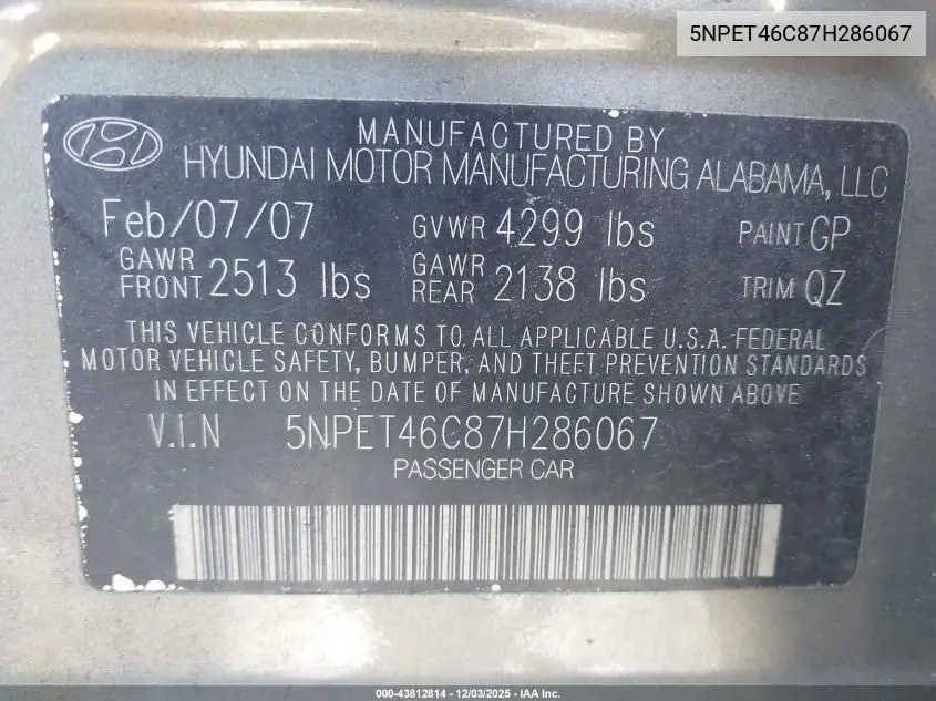 5NPET46C87H286067 2007 Hyundai Sonata Gls