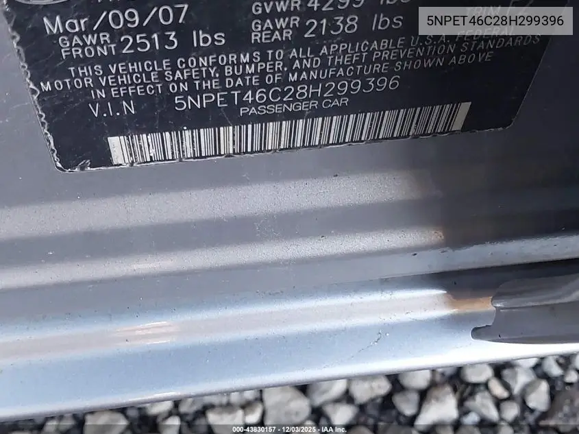 5NPET46C28H299396 2008 Hyundai Sonata Gls