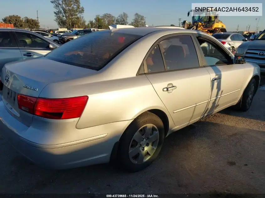 5NPET4AC2AH643452 2010 Hyundai Sonata Gls