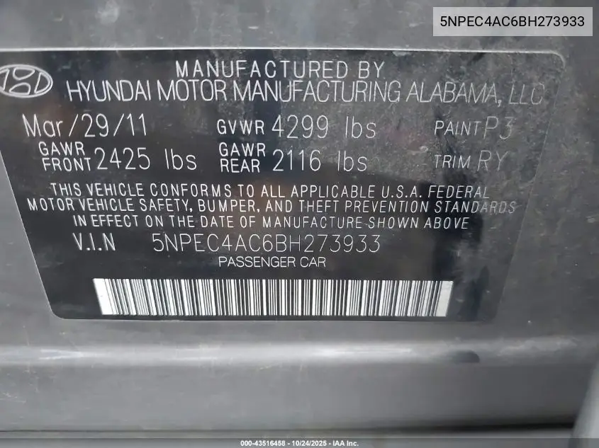 5NPEC4AC6BH273933 2011 Hyundai Sonata Limited