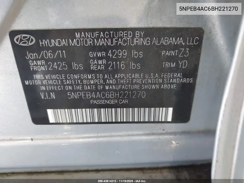 5NPEB4AC6BH221270 2011 Hyundai Sonata Gls