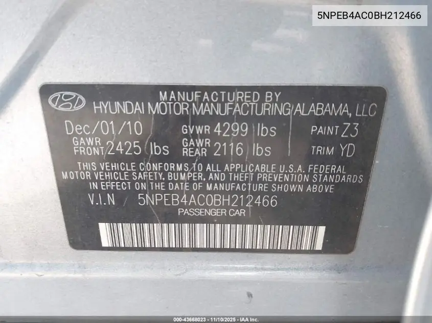 5NPEB4AC0BH212466 2011 Hyundai Sonata Gls
