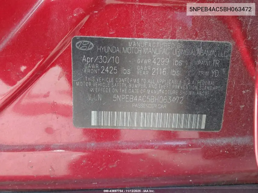 5NPEB4AC5BH063472 2011 Hyundai Sonata Gls