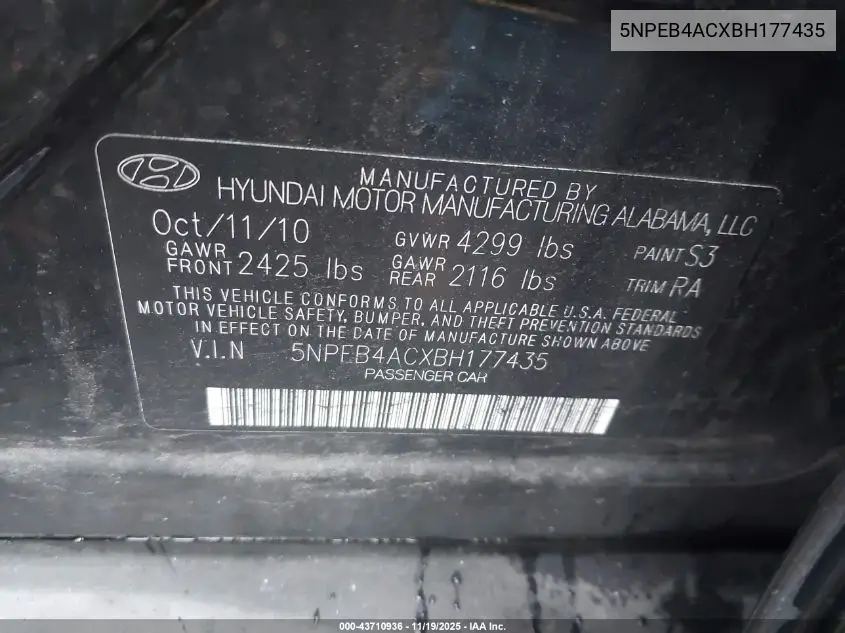 5NPEB4ACXBH177435 2011 Hyundai Sonata Gls
