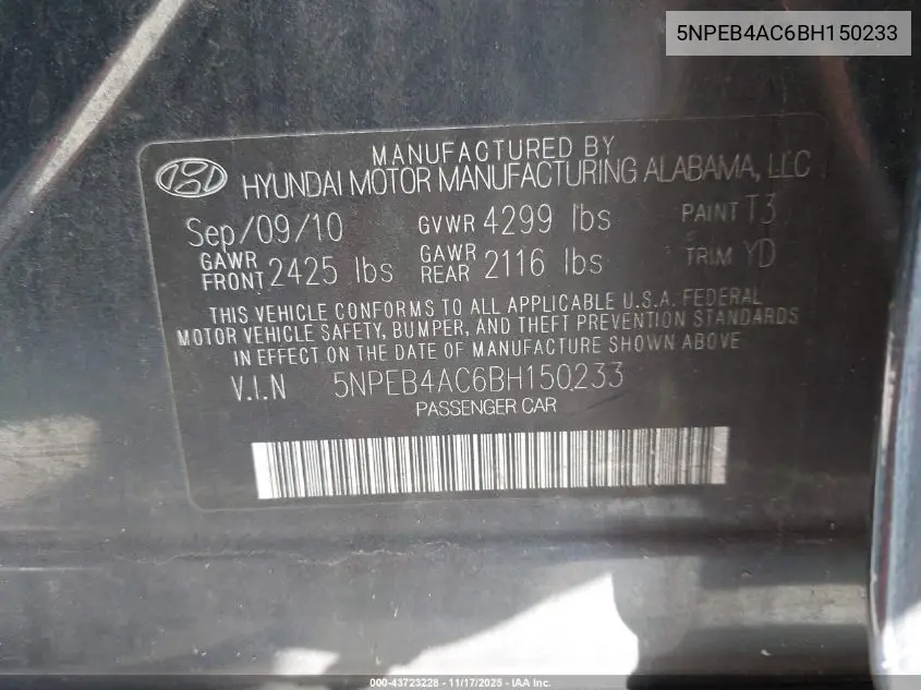 5NPEB4AC6BH150233 2011 Hyundai Sonata Gls