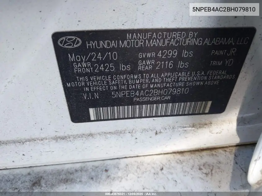 5NPEB4AC2BH079810 2011 Hyundai Sonata Gls