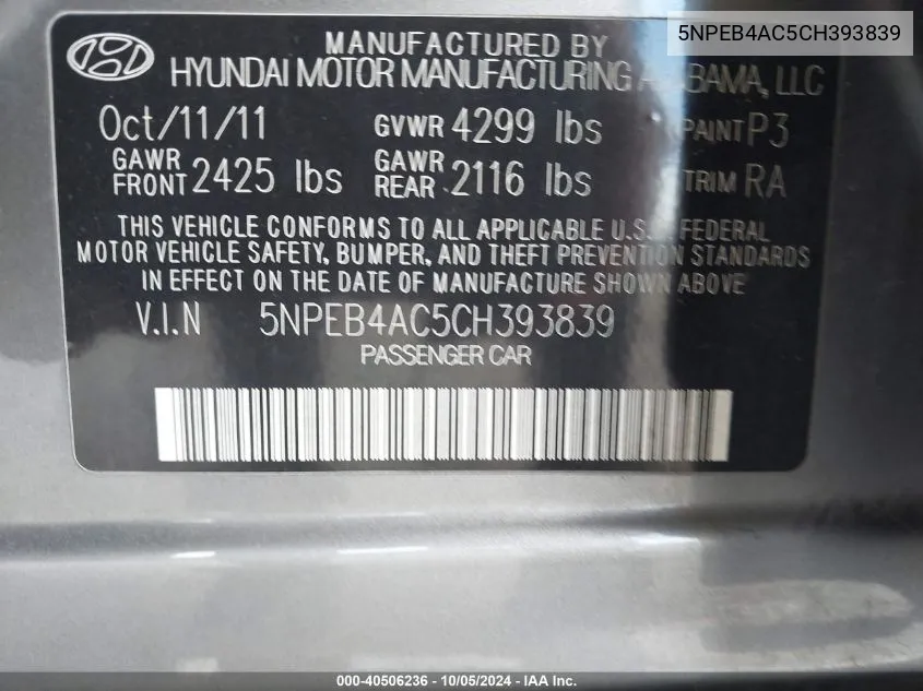 5NPEB4AC5CH393839 2012 Hyundai Sonata Gls