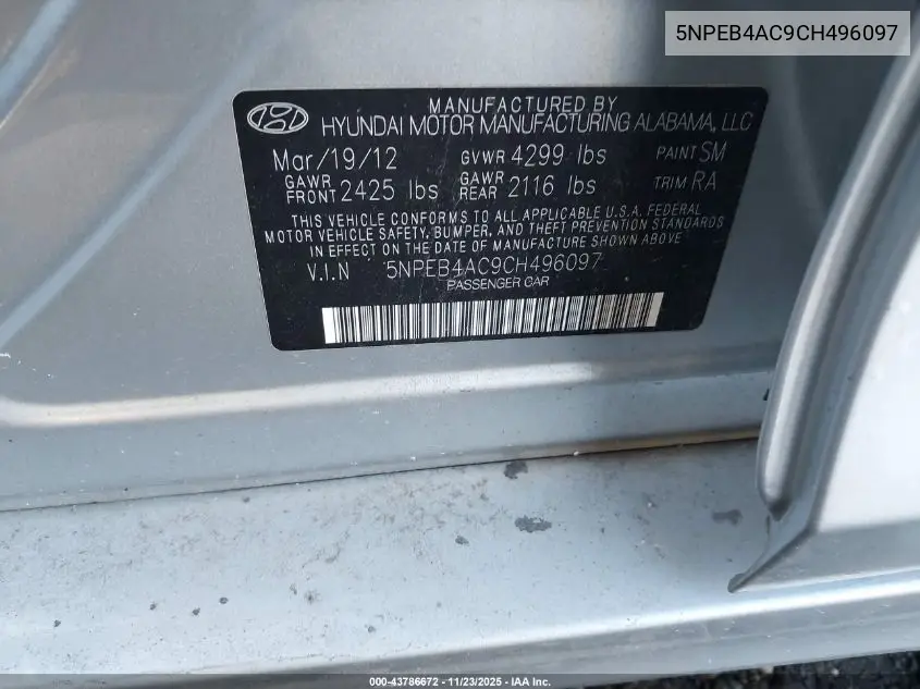 5NPEB4AC9CH496097 2012 Hyundai Sonata Gls