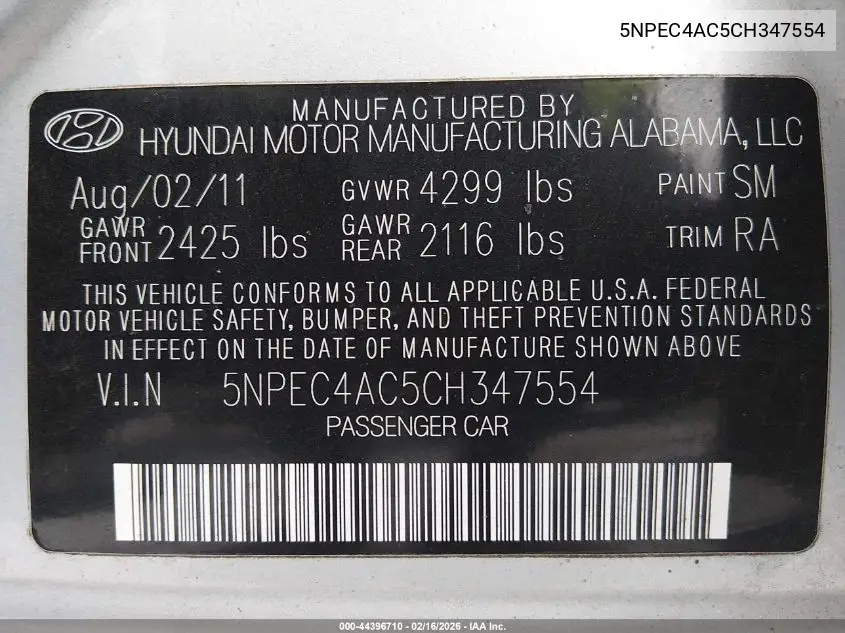 5NPEC4AC5CH347554 2012 Hyundai Sonata Limited