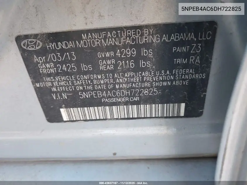 5NPEB4AC6DH722825 2013 Hyundai Sonata Gls