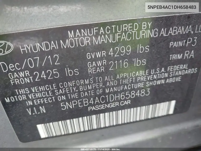 5NPEB4AC1DH658483 2013 Hyundai Sonata Gls