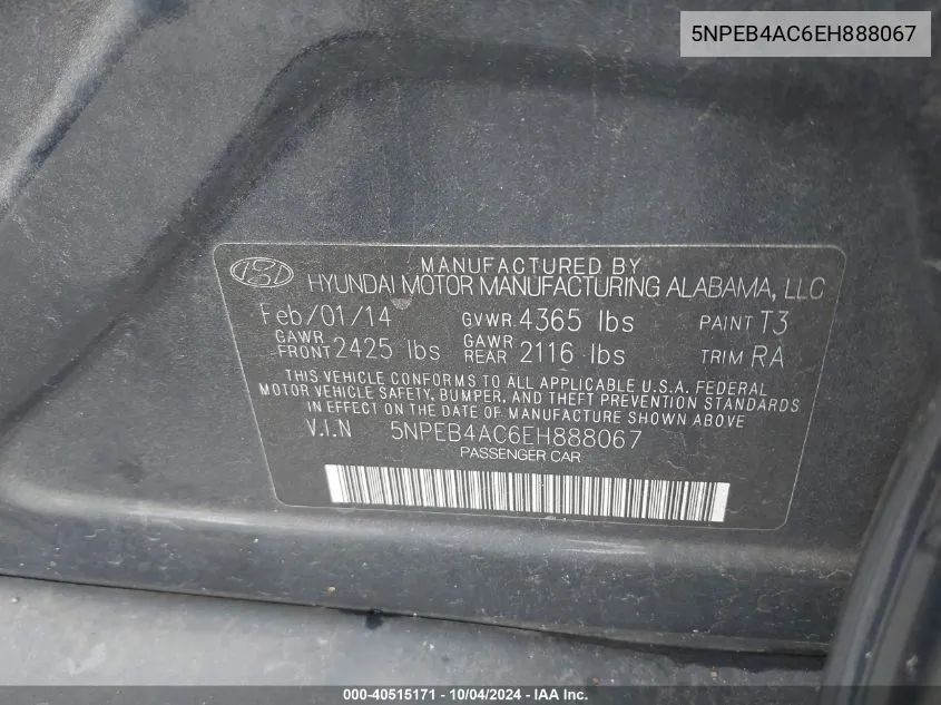 5NPEB4AC6EH888067 2014 Hyundai Sonata Gls