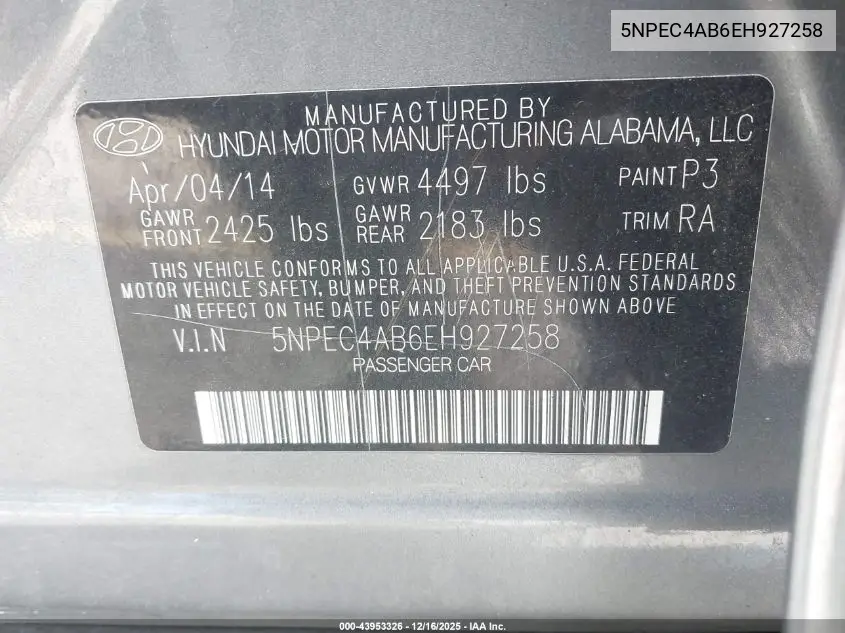5NPEC4AB6EH927258 2014 Hyundai Sonata Se 2.0T
