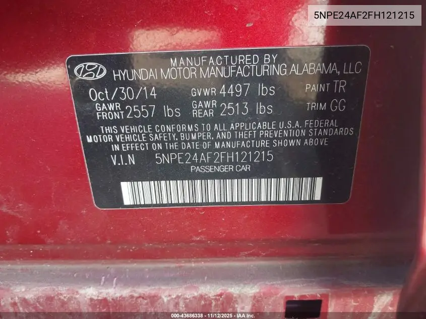 5NPE24AF2FH121215 2015 Hyundai Sonata Se