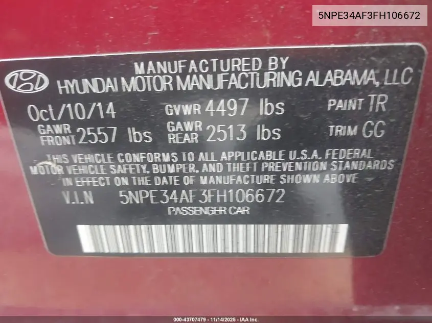 5NPE34AF3FH106672 2015 Hyundai Sonata Sport