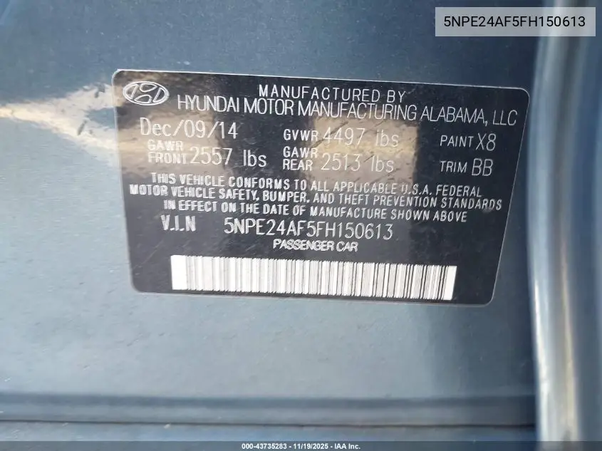 5NPE24AF5FH150613 2015 Hyundai Sonata Se