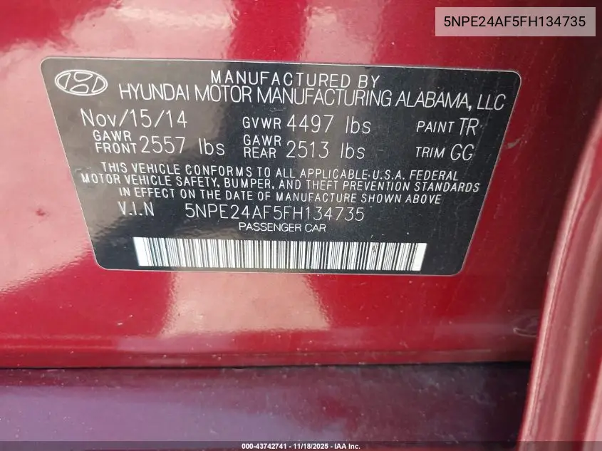 5NPE24AF5FH134735 2015 Hyundai Sonata Se
