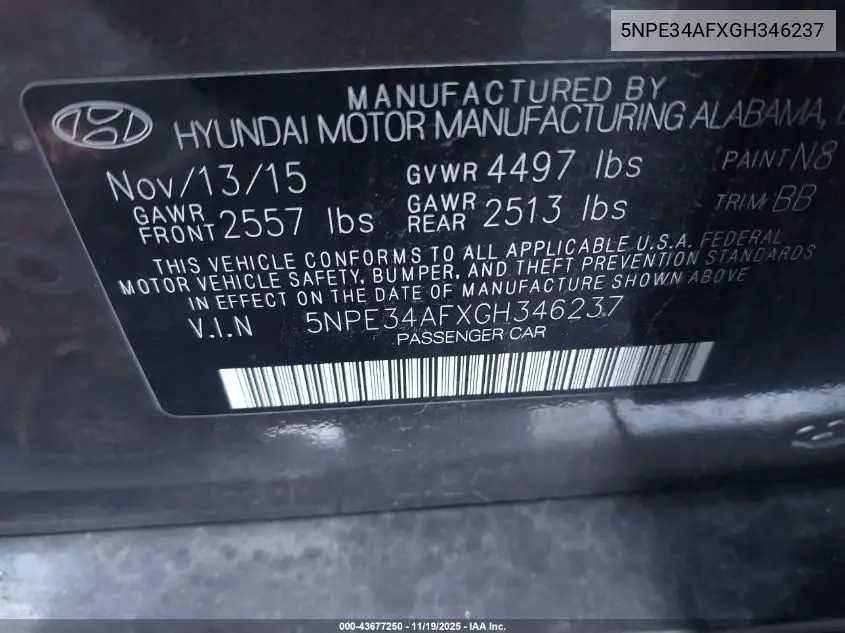 5NPE34AFXGH346237 2016 Hyundai Sonata Limited