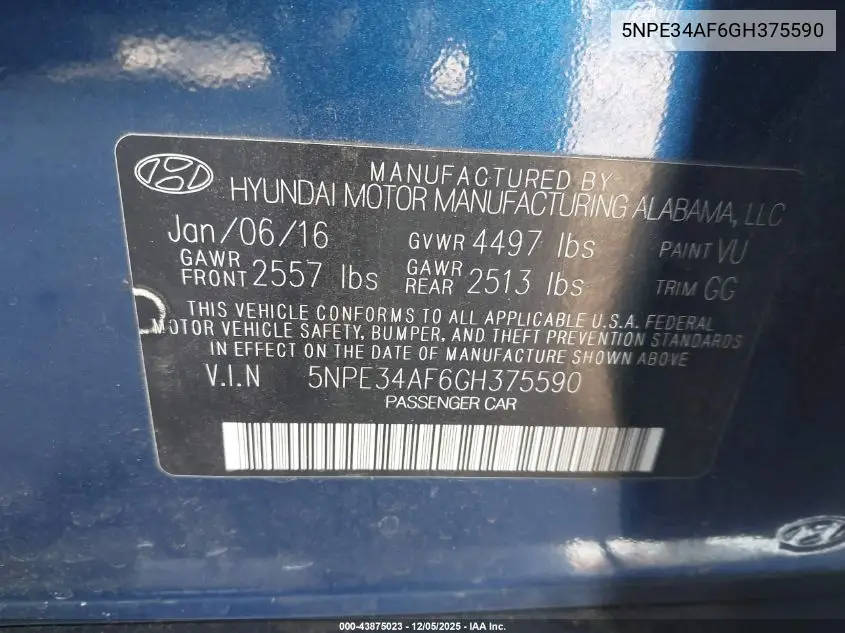 5NPE34AF6GH375590 2016 Hyundai Sonata Sport