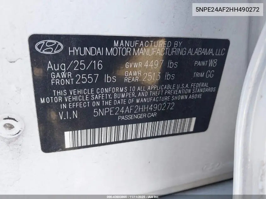 5NPE24AF2HH490272 2017 Hyundai Sonata