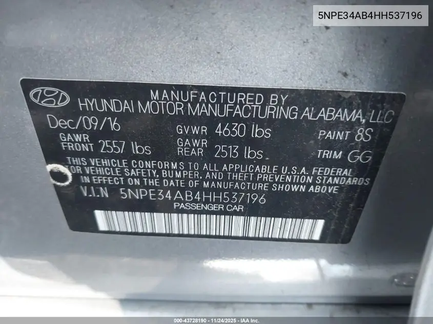 5NPE34AB4HH537196 2017 Hyundai Sonata Sport 2.0T