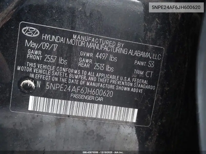 5NPE24AF6JH600620 2018 Hyundai Sonata Se