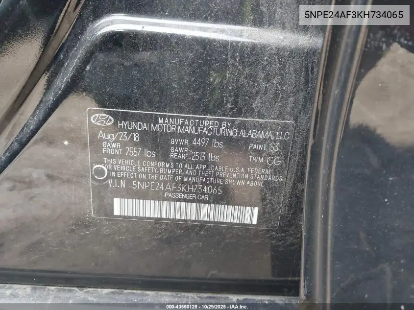 5NPE24AF3KH734065 2019 Hyundai Sonata Se