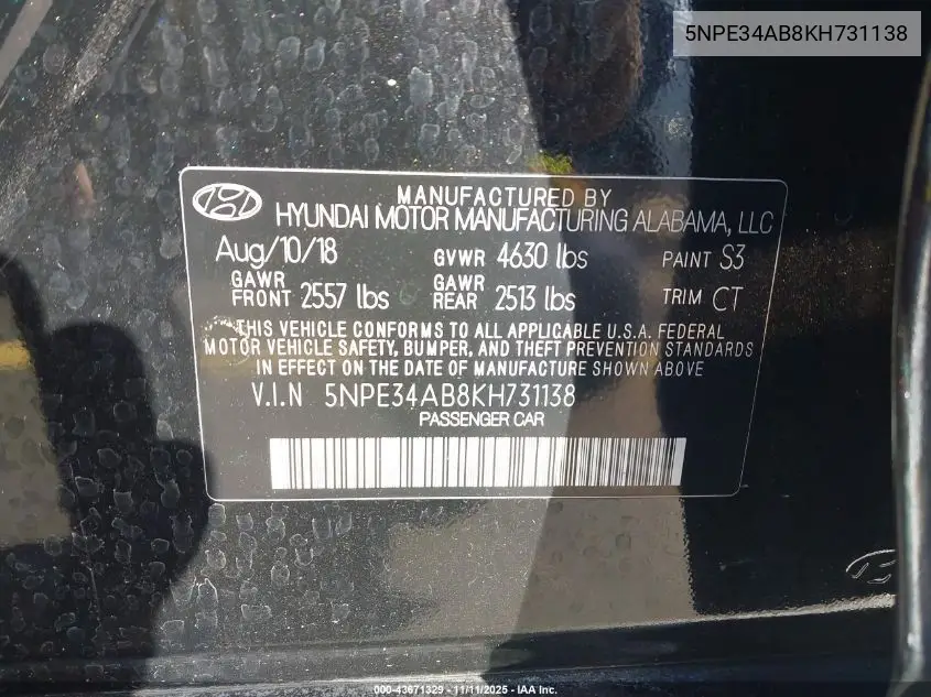 5NPE34AB8KH731138 2019 Hyundai Sonata Limited 2.0T