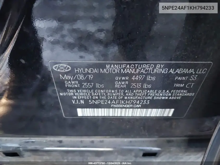 5NPE24AF1KH794233 2019 Hyundai Sonata Se
