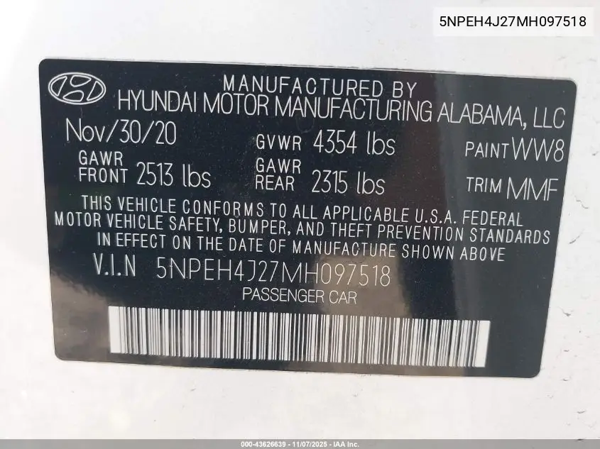 5NPEH4J27MH097518 2021 Hyundai Sonata Limited