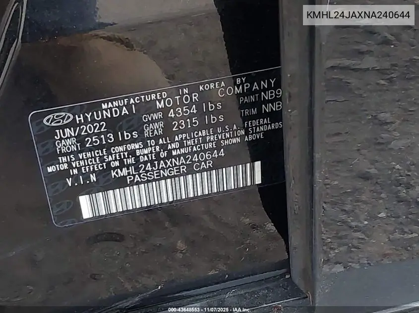 KMHL24JAXNA240644 2022 Hyundai Sonata Se