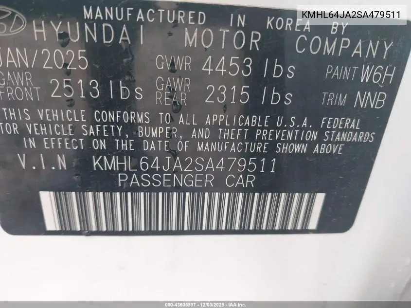 KMHL64JA2SA479511 2025 Hyundai Sonata Sel