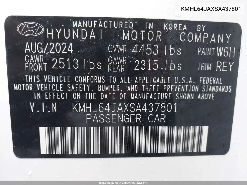 KMHL64JAXSA437801 2025 Hyundai Sonata Sel