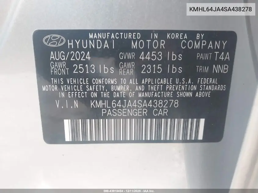 KMHL64JA4SA438278 2025 Hyundai Sonata Sel