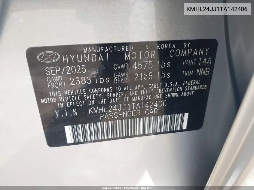 KMHL24JJ1TA142406 2026 Hyundai Sonata Hybrid Blue