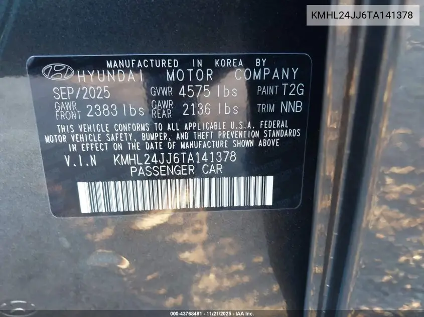 KMHL24JJ6TA141378 2026 Hyundai Sonata Hybrid Blue