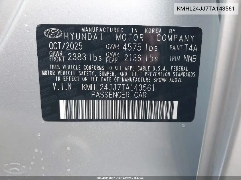 KMHL24JJ7TA143561 2026 Hyundai Sonata Hybrid Blue