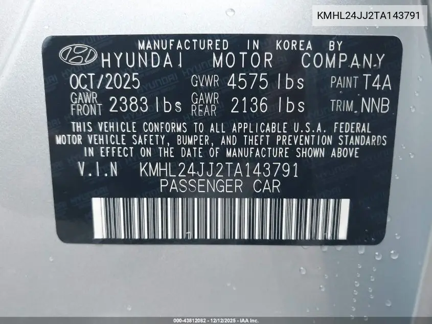 KMHL24JJ2TA143791 2026 Hyundai Sonata Hybrid Blue