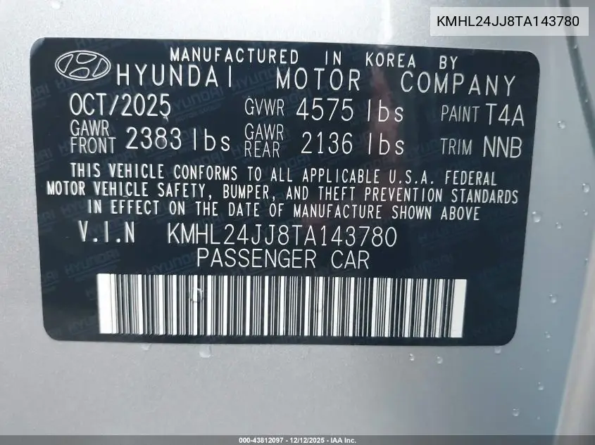 KMHL24JJ8TA143780 2026 Hyundai Sonata Hybrid Blue