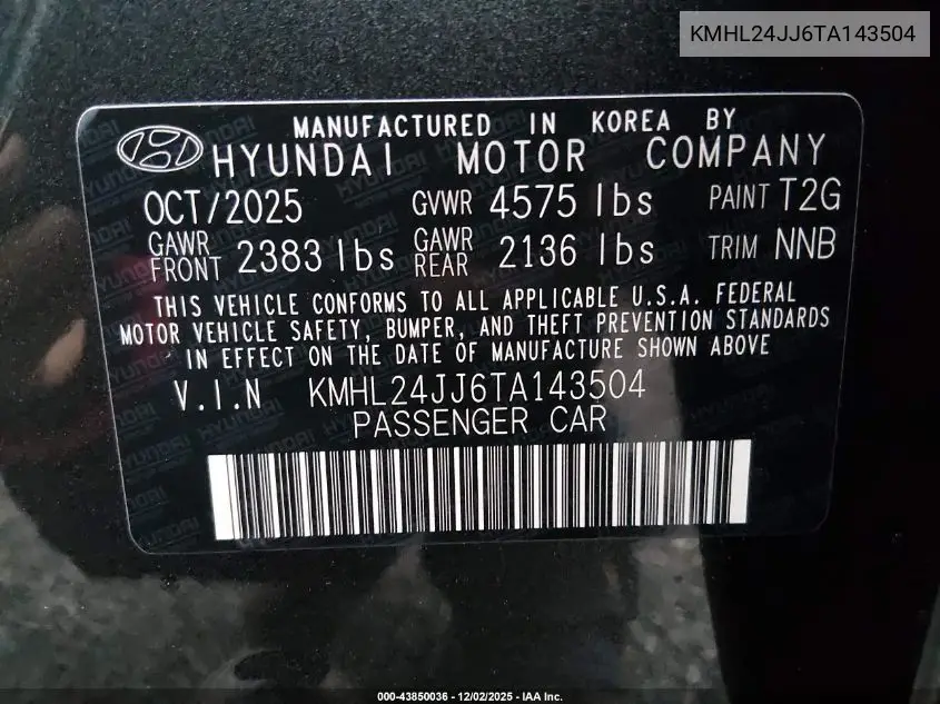 KMHL24JJ6TA143504 2026 Hyundai Sonata Hybrid Blue