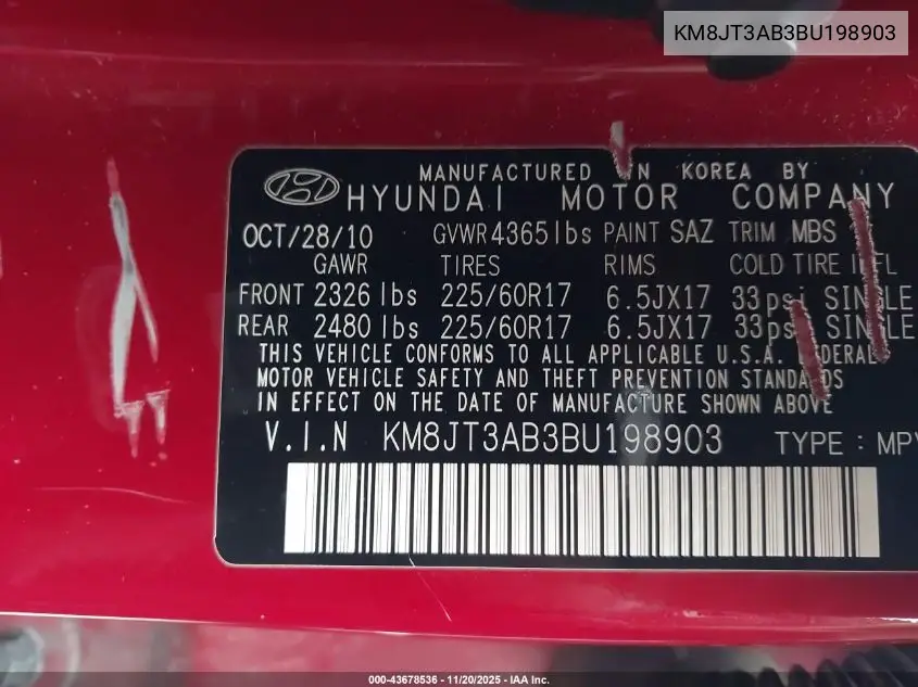 KM8JT3AB3BU198903 2011 Hyundai Tucson Gl