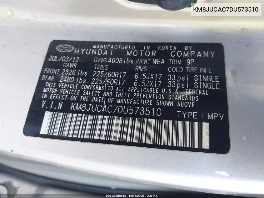 KM8JUCAC7DU573510 2013 Hyundai Tucson Gls