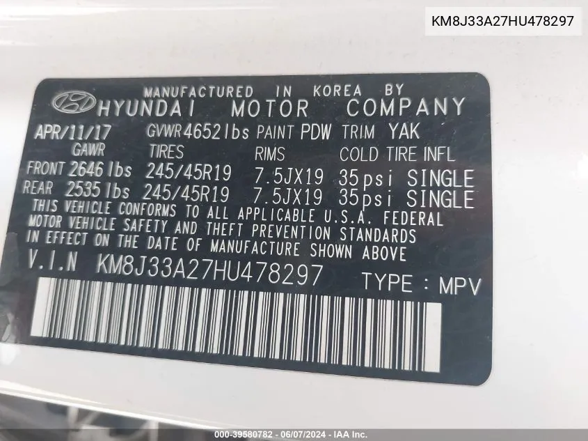 KM8J33A27HU478297 2017 Hyundai Tucson Sport